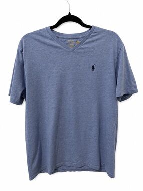 Polo Ralph Lauren Blue Heather V-Neck Tee Pony Logo Size L JFK Minimalist Preppy
